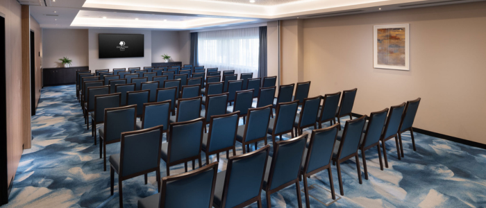 A conference room set up with rows of blue chairs facing a large screen at the front. The room has a modern design with blue and white patterned carpet, beige walls, and recessed lighting. There is a framed artwork on the right wall and two potted plants on either side of the screen.