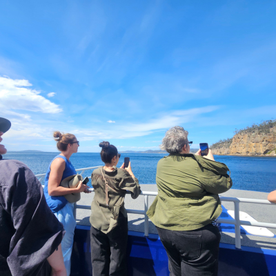 People standing on a boat deck taking photos of the ocean and distant coastline under a bright blue sky with scattered clouds.