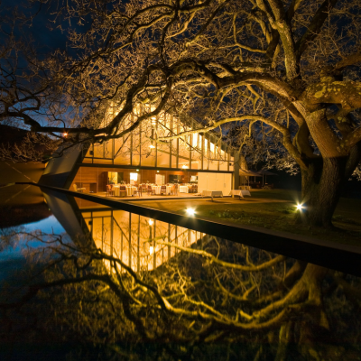 Exterior view of a modern glass-fronted building at night, warmly lit from inside and reflected in a still water feature, framed by large leafless tree branches under a dark sky.